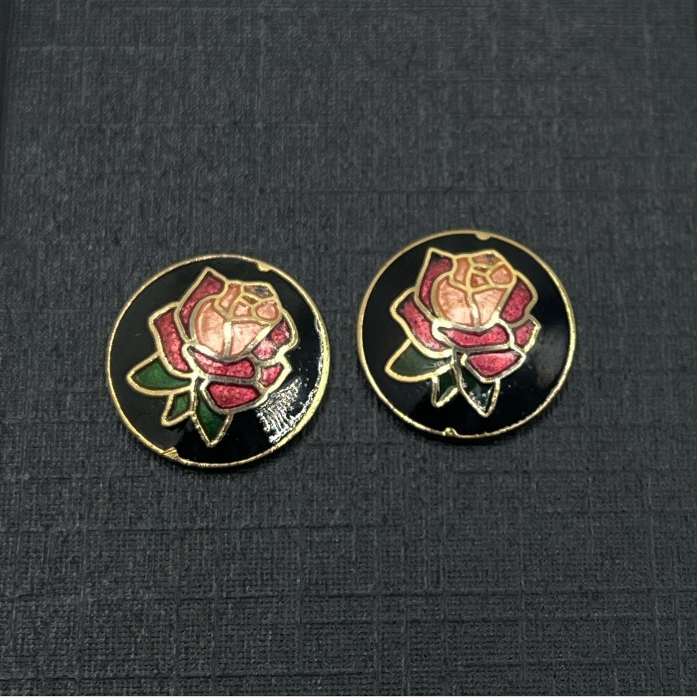 Vintage Cloisonné Enamel Rose Floral Stud Earrings